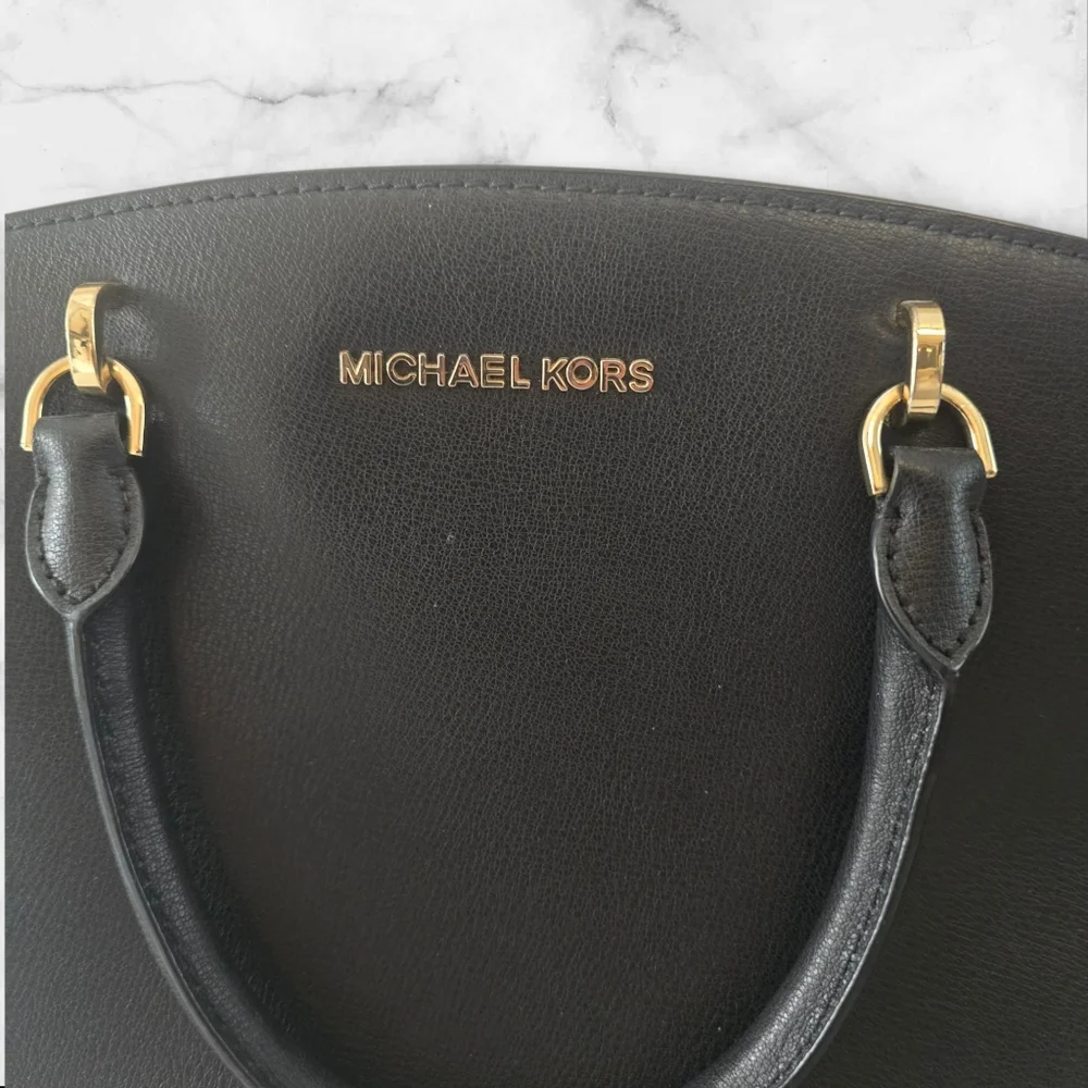 Michael Kors Ellis Black‎ Safianno Leather Satchel Gold Hardware ☆